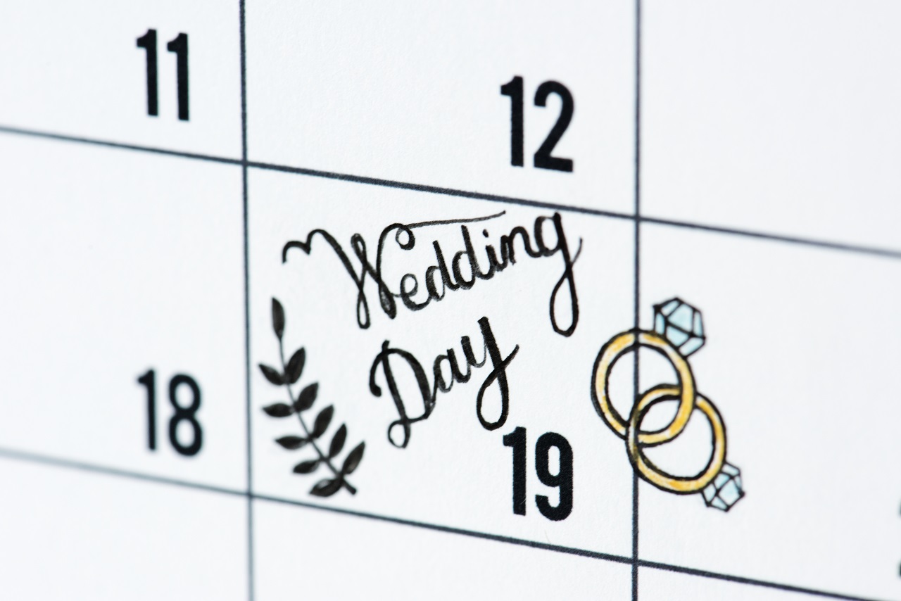 A calendar showing a couple's wedding day