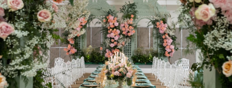 Romantic themed styling, green and pink decor