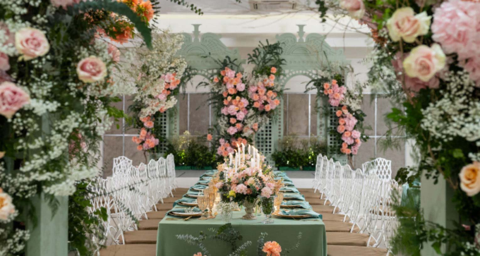 Romantic themed styling, green and pink decor