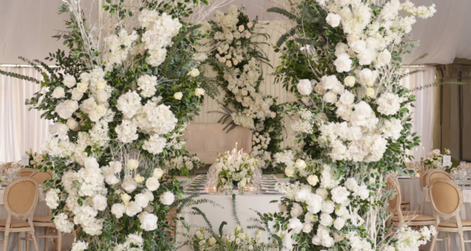 Classic wedding theme and styling, white flowers and decor