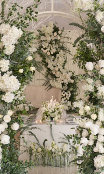 Classic wedding theme and styling, white flowers and decor