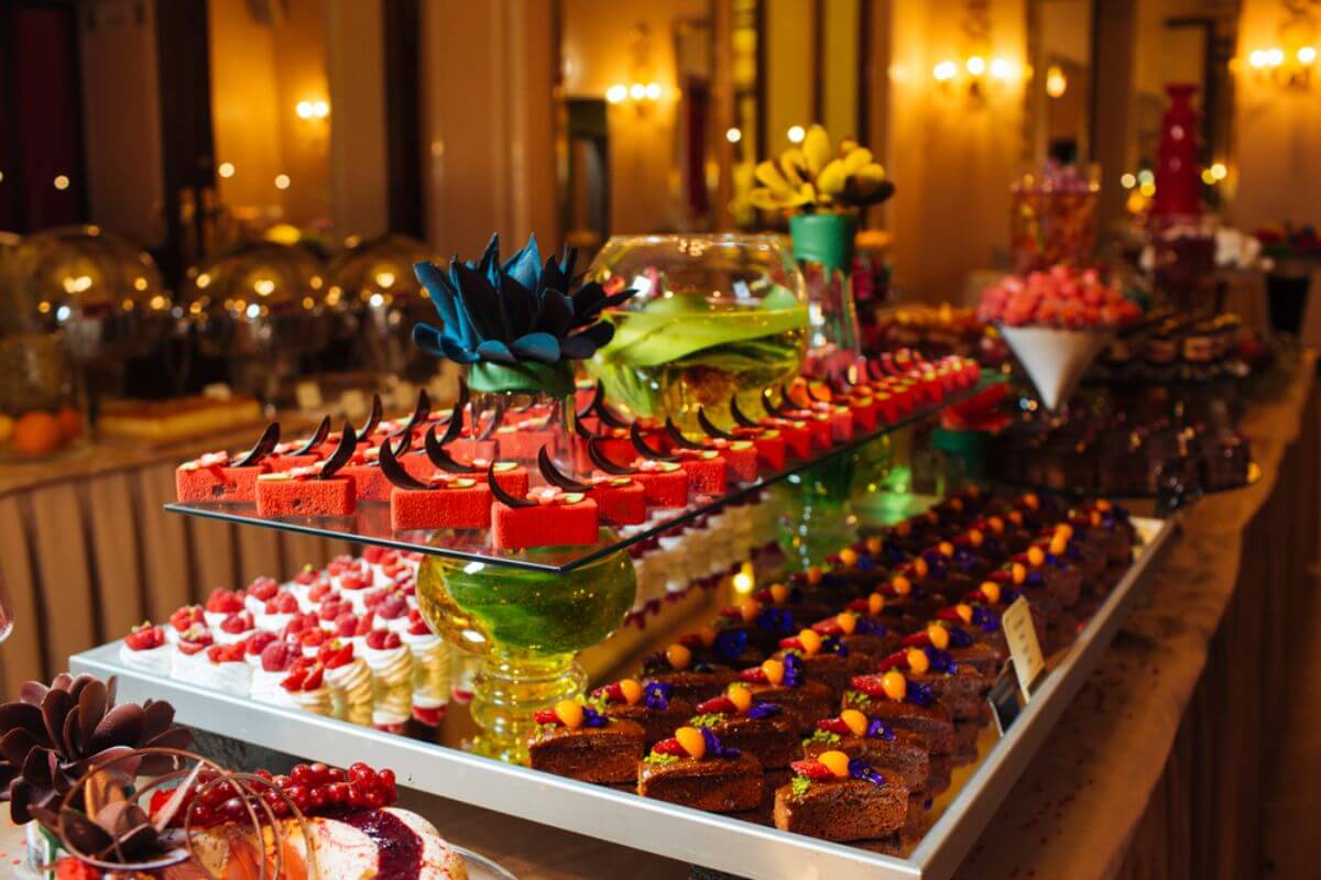 Gourmet dishes matching a corporate event theme