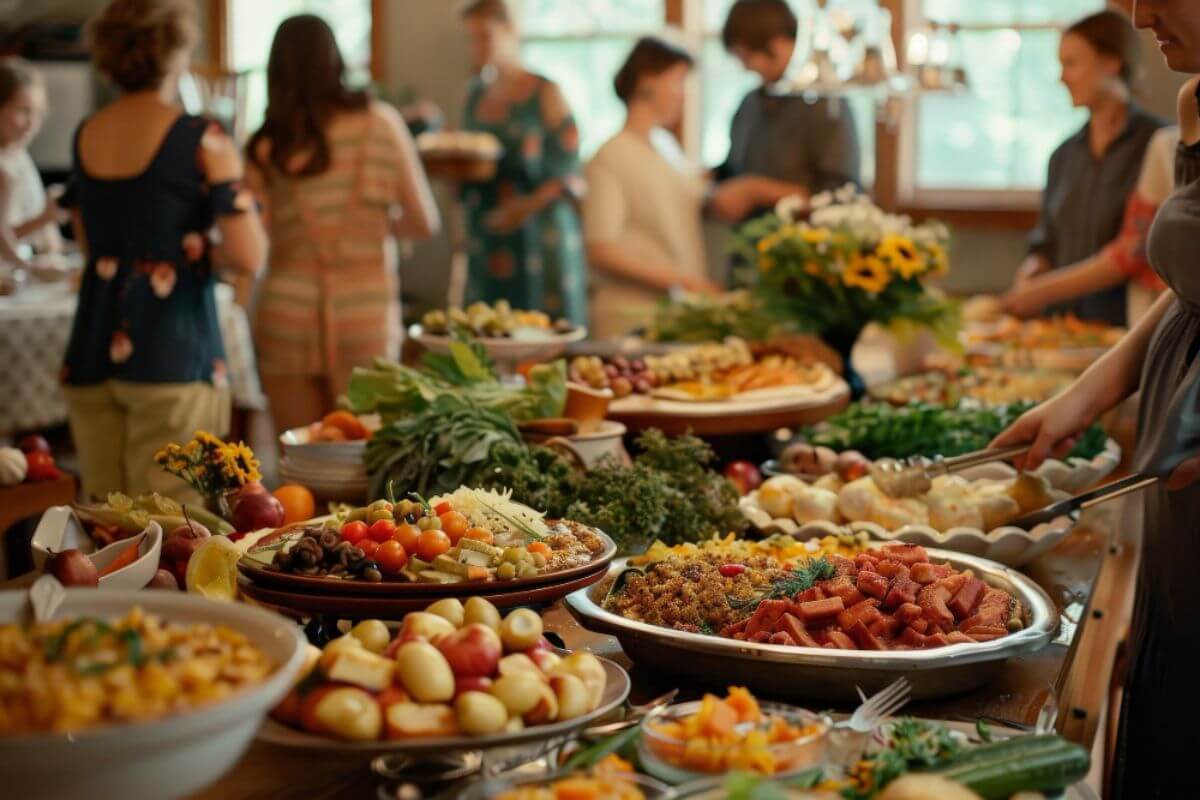 Buffet catering setup with gourmet dishes, fresh ingredients, and guests at a social event.
