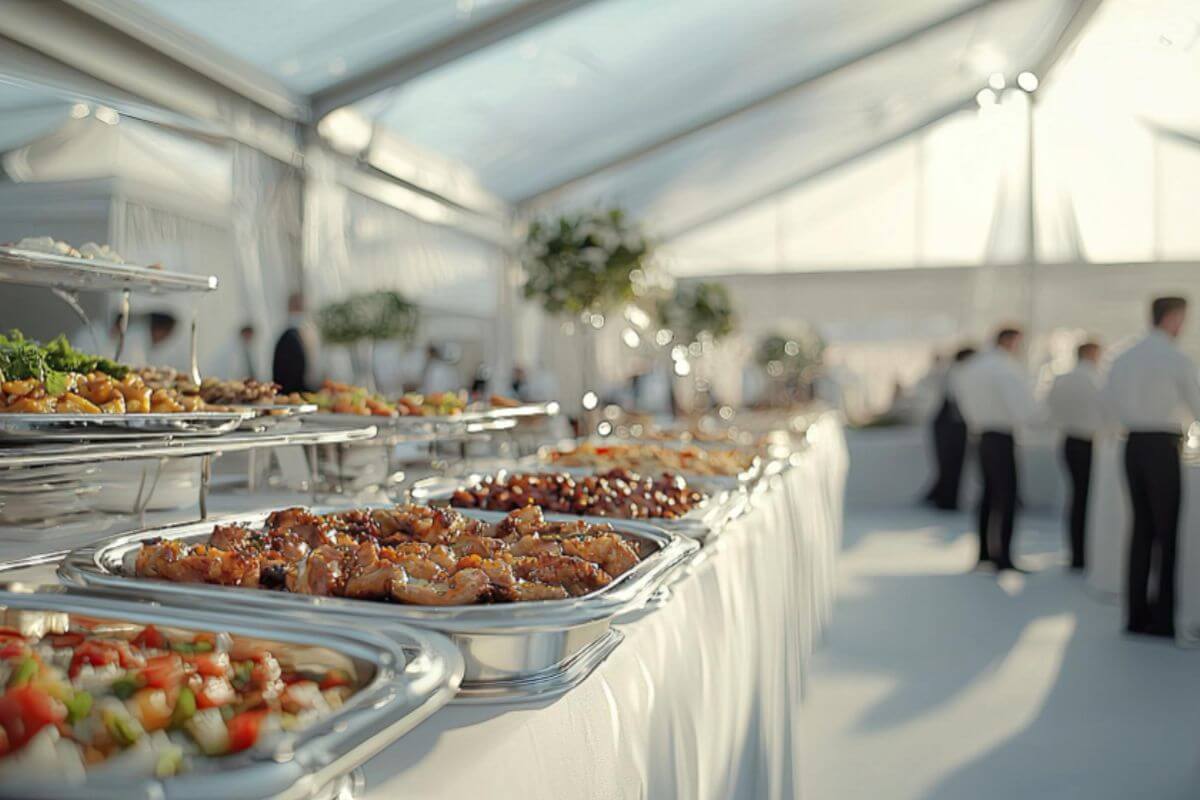 Event catering spread featuring a variety of food selections, elegantly arranged for guests at a special occasion.