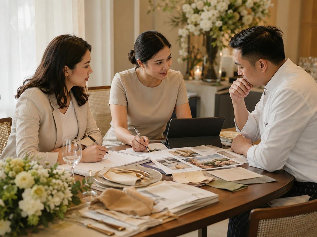 Client, event stylist, and caterer discussing planning notes, timeline, menu options, linen swatches, and table setting samples