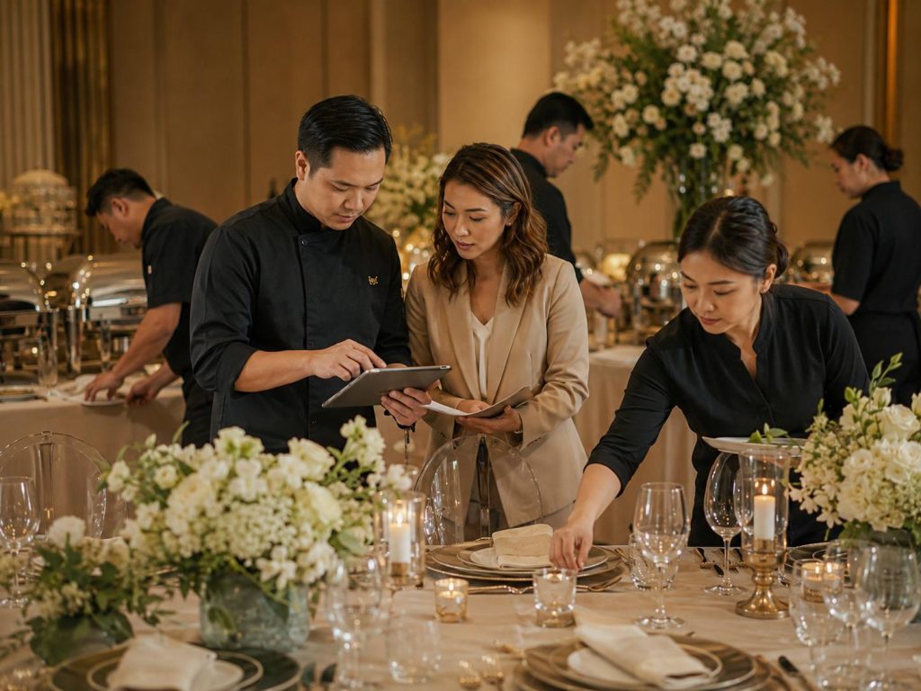 Catering team coordinating a styled event setup with tablet, floral centerpieces, tableware, glassware, and buffet stations
