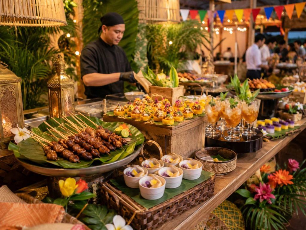 Upscale Filipino fiesta catering station with grilled skewers, banana leaf plating, tropical drinks, mini desserts, and festive event styling