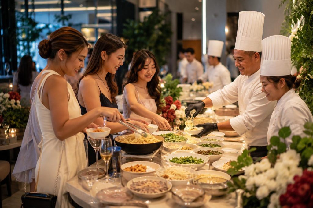 Filipino guests customizing pasta dishes at an elegant interactive food station guided by professional chefs at a modern Manila event