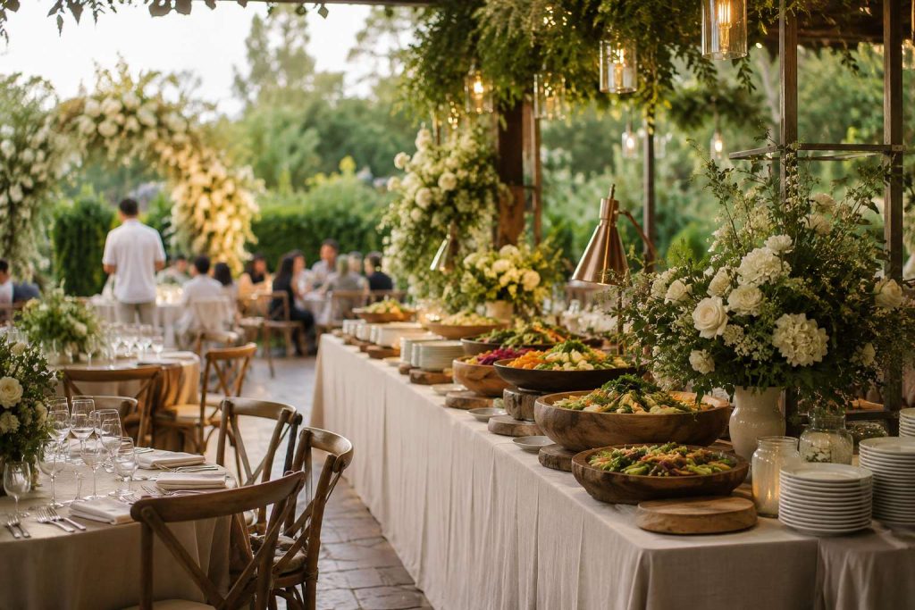 Romantic garden wedding catering setup with greenery, floral styling, buffet station, glassware, and soft linens