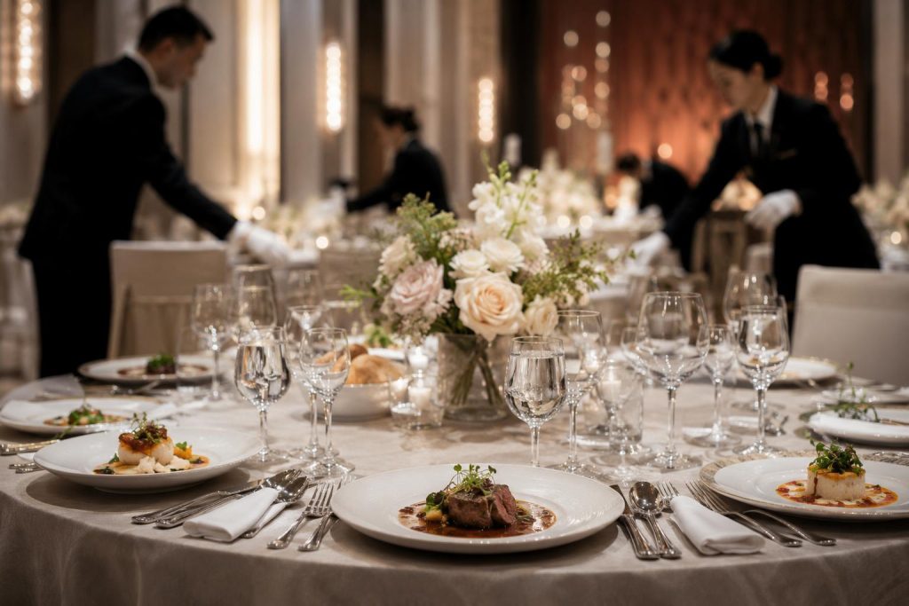 Modern elegant plated dinner setup with sleek tableware, glassware, folded linens, floral accents, and servers in the background