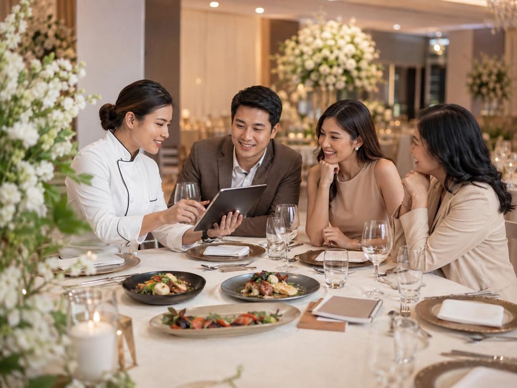 Filipino clients discussing personalized catering options with a professional caterer inside an elegant modern Manila event venue