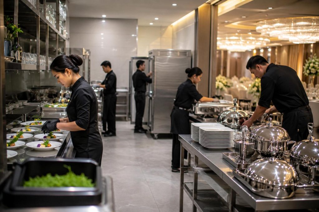 Professional catering team preparing plated dishes and service equipment in a well-equipped Manila venue prep area before an event