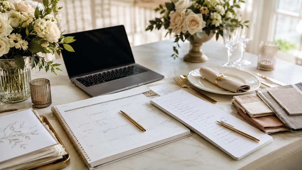 Elegant event planning workspace with calendar, checklist, laptop, menu notes, flowers, and table setting samples