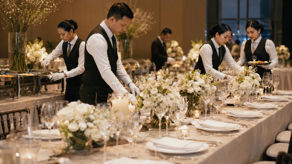 Professional catering staff preparing a refined banquet table with polished plates, glassware, candles, and floral arrangements