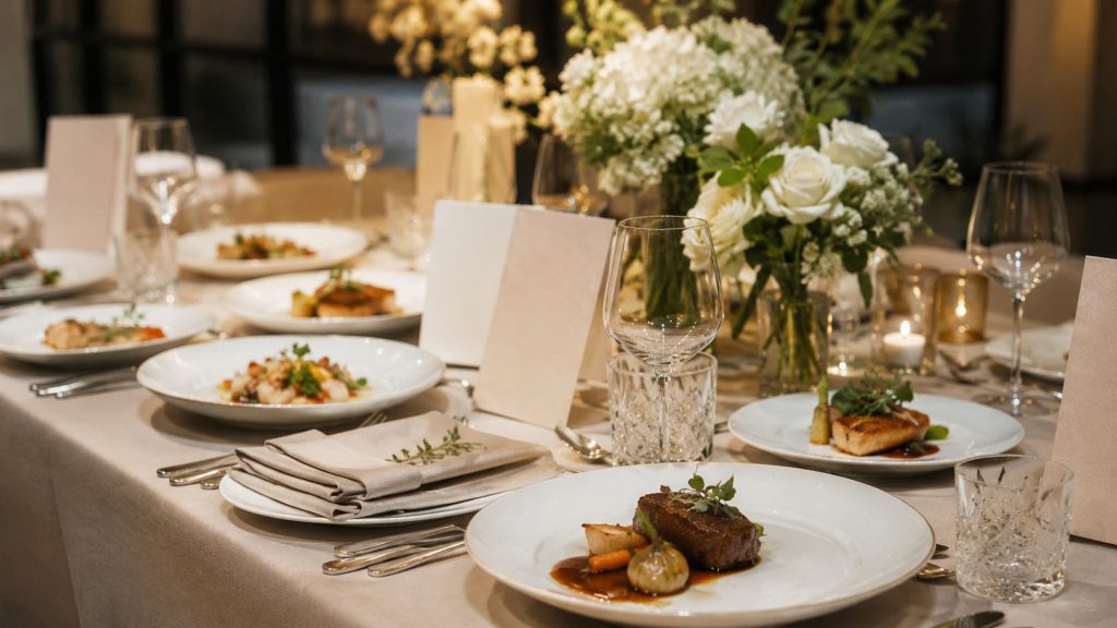 Luxury catering food tasting setup with plated dishes, menu cards, glassware, folded napkins, and floral accents