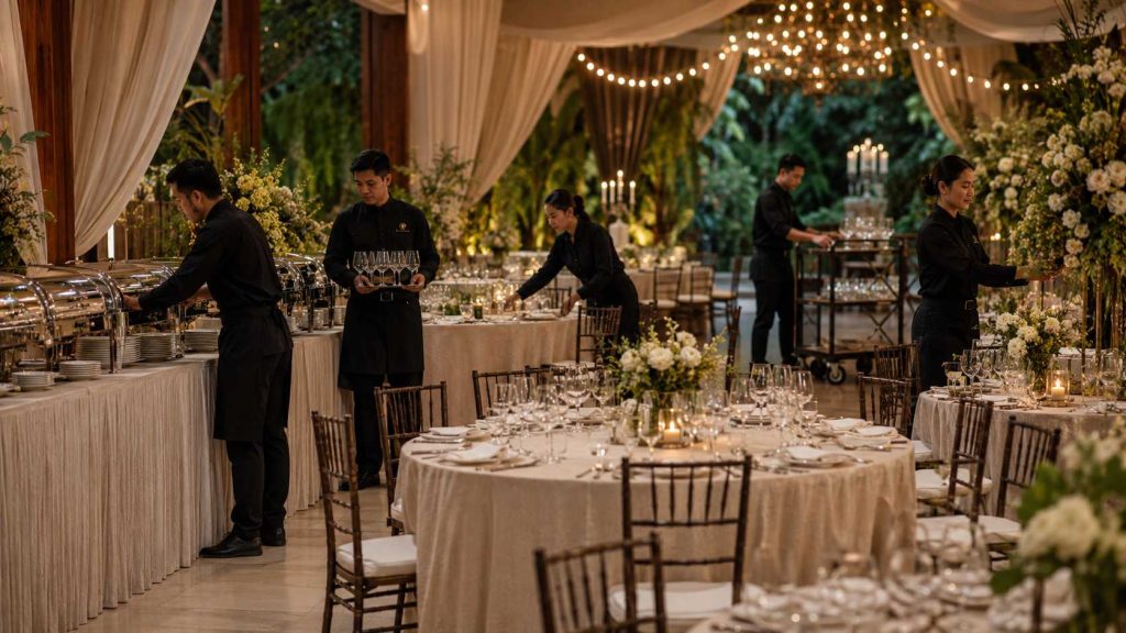Catering staff arranging buffet stations, service areas, and guest tables inside an elegant local venue
