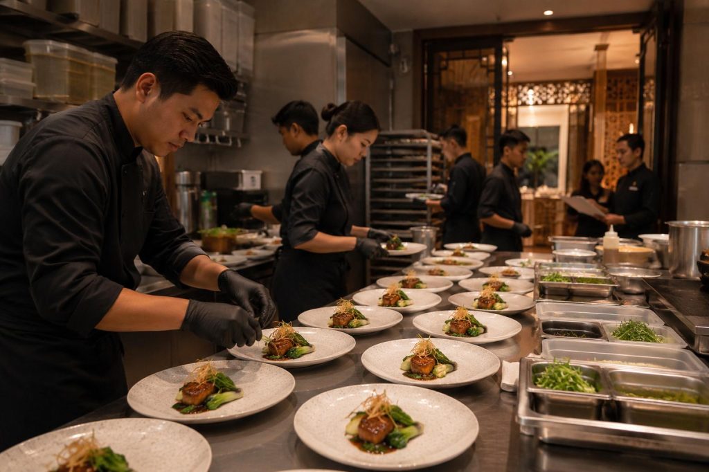 catering team plating dishes in a polished back-of-house kitchen before event service
