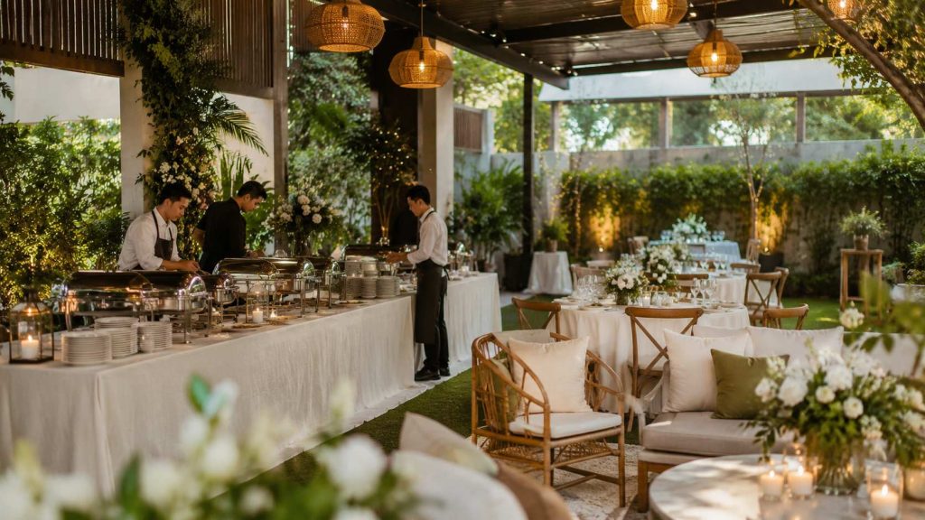 Garden-style event venue with outdoor buffet setup, lounge seating, greenery, floral accents, and catering staff