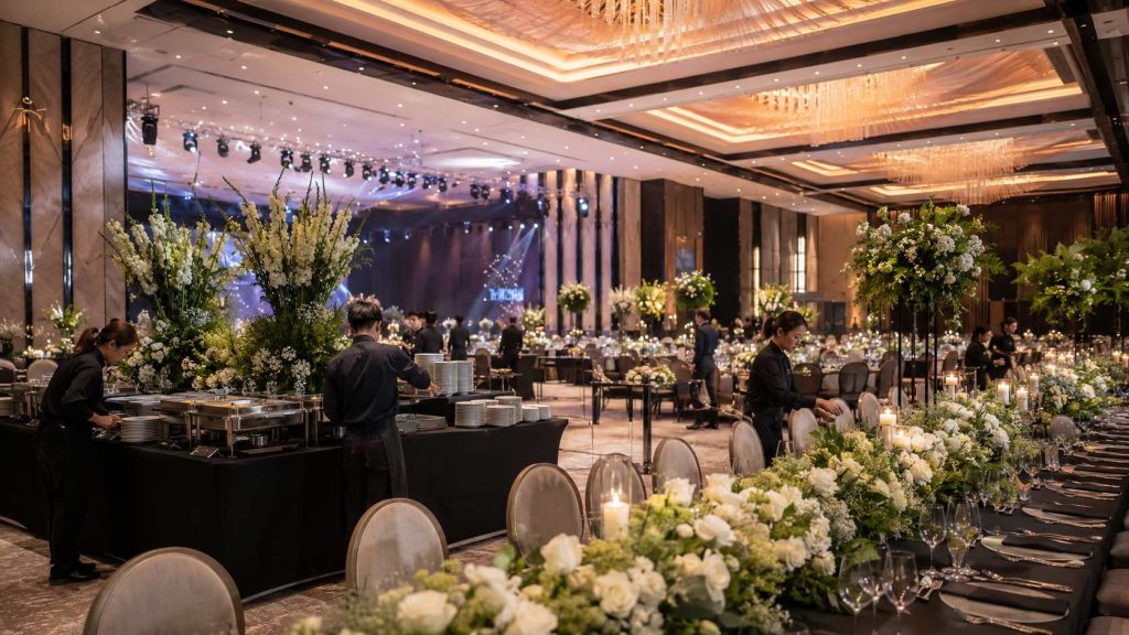 Large banquet hall with long guest tables, floral arrangements, buffet stations, stage lighting, and catering staff coordinating setup