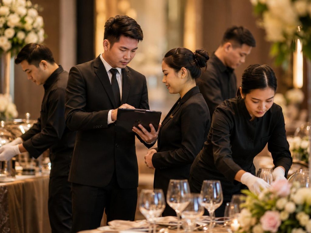 Catering and venue staff coordinating event details with a tablet while preparing table settings and service areas