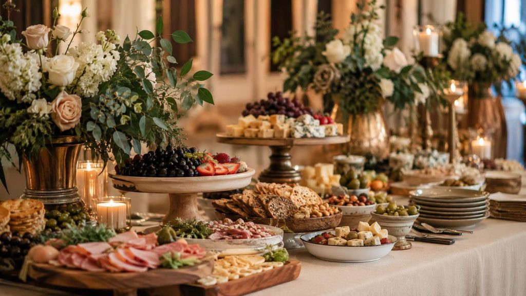 Styled grazing table with coordinated platters, floral arrangements, candles, glassware, cheese, fruit, and charcuterie