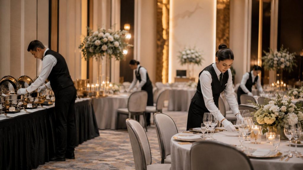 Professional catering staff preparing banquet tables, buffet stations, glassware, linens, and floral styling in an elegant venue