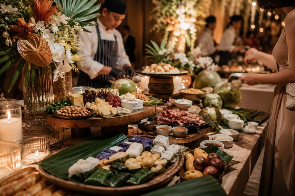Filipino-inspired wedding food station with kakanin, tropical fruits, cheeses, cured meats, candles, and catering staff