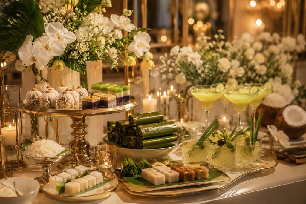 Refined Filipino dessert and cocktail station with kakanin, suman, pandan drinks, coconut, white florals, and candles