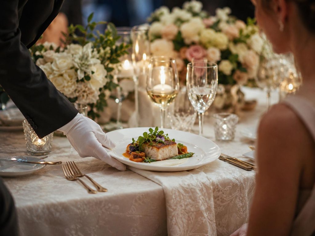 Professional waitstaff serving an elegant plated dish at a wedding table with crystal glassware, florals, and candlelight