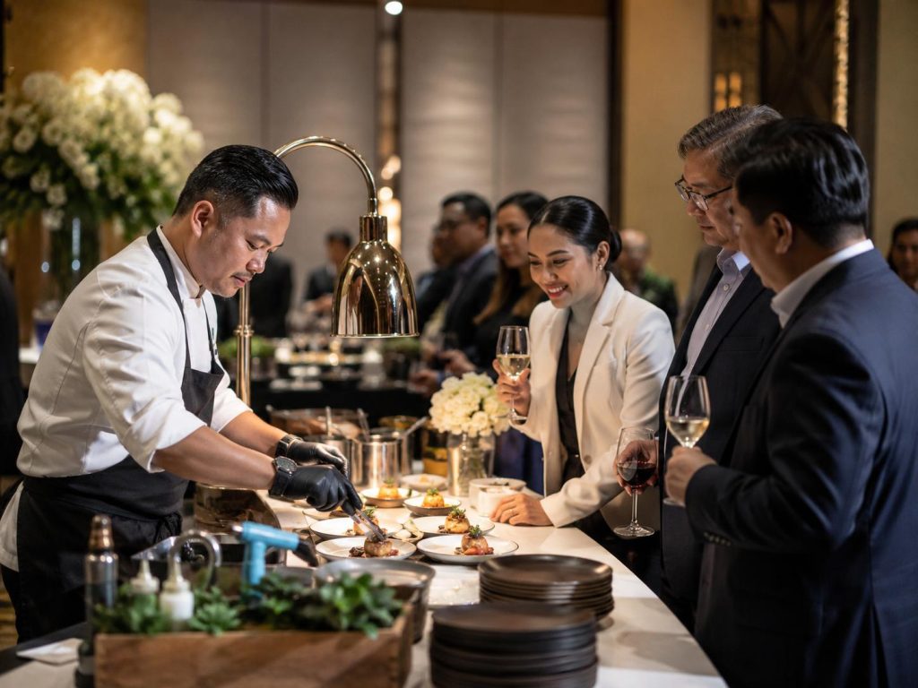 Chef-attended live food station with professional chef plating dishes while corporate guests interact nearby