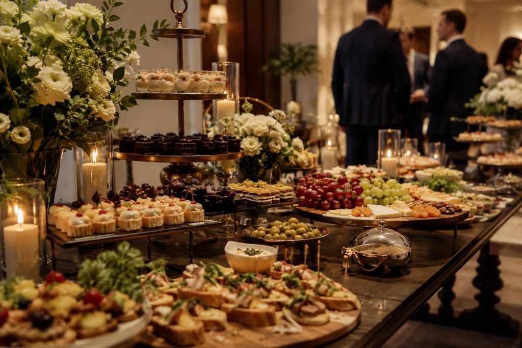 Styled corporate dessert and grazing table with tiered desserts, savory bites, fruits, candles, florals, and guests networking in the background