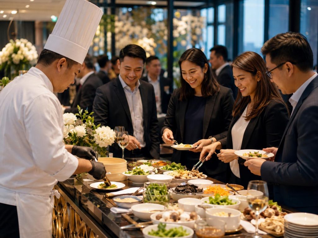Chef-attended interactive food station with business guests choosing ingredients and watching fresh dish preparation
