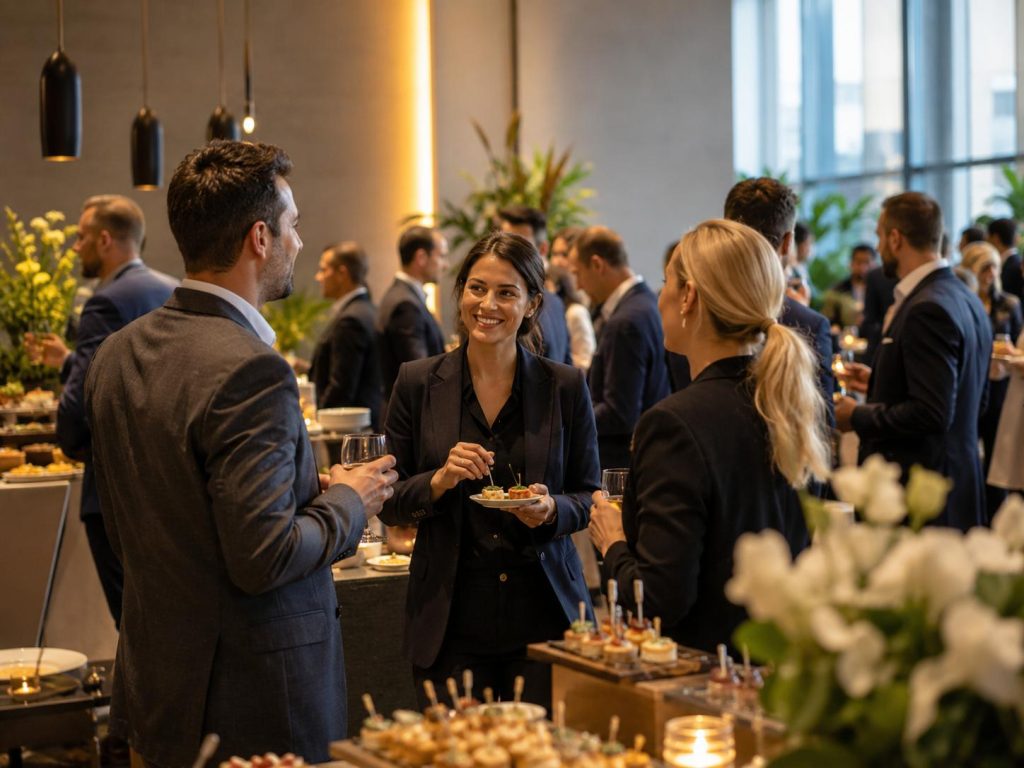 Corporate networking reception with guests sharing small plates, drinks, appetizers, and conversation in a relaxed food lounge