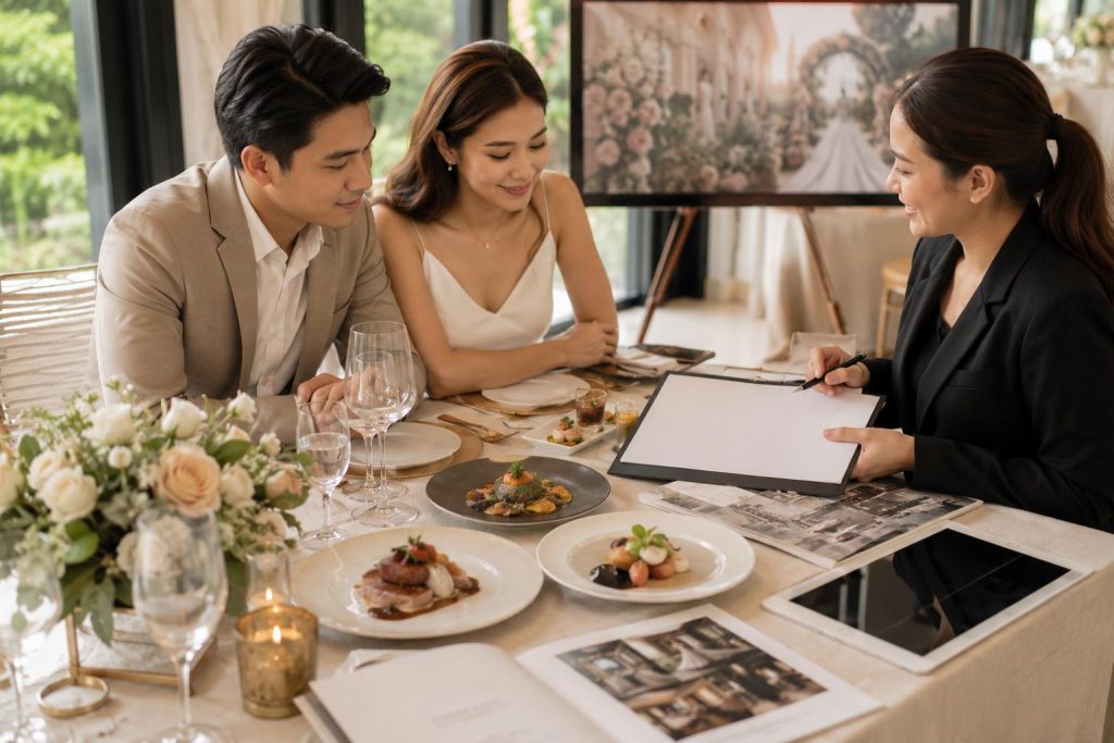 Couple reviewing plated dishes, checklist, tablet, menu samples, and wedding details with a catering specialist