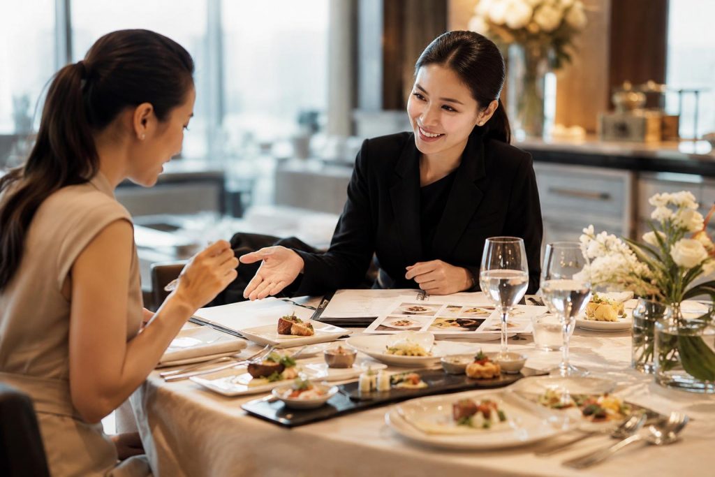 Client and catering specialist reviewing tasting portions, plated dishes, menu samples, glassware, and floral table styling