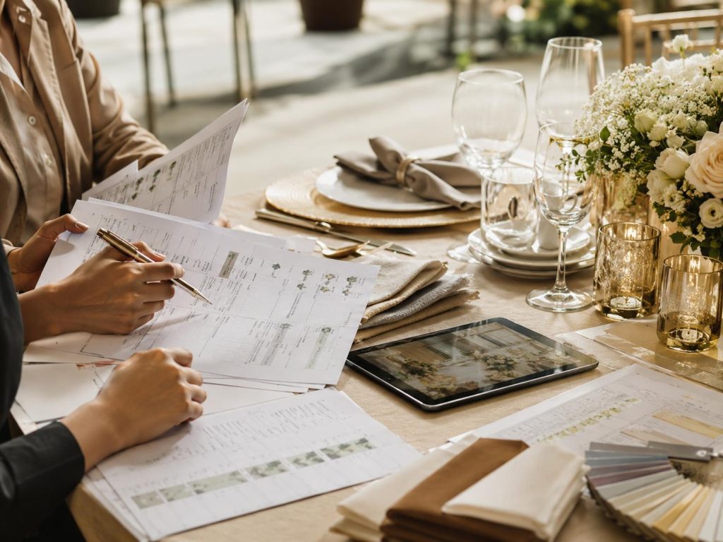 Hands reviewing catering quotations, package inclusions, tablet, linen swatches, glassware, and event planning documents