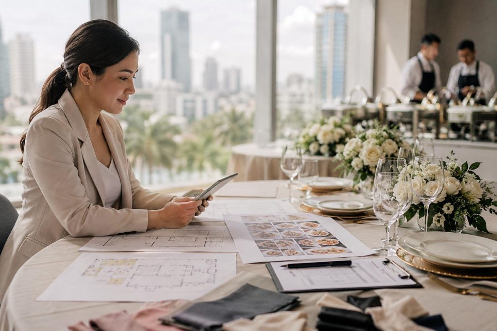 Planner reviewing tablet, event timeline, table layout, menu details, linen samples, and glassware for a Manila event