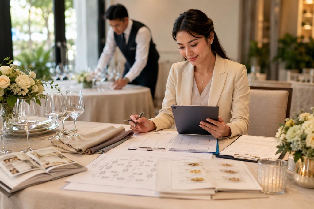 Catering specialist reviewing event plans on a tablet while staff prepares table settings in an elegant venue