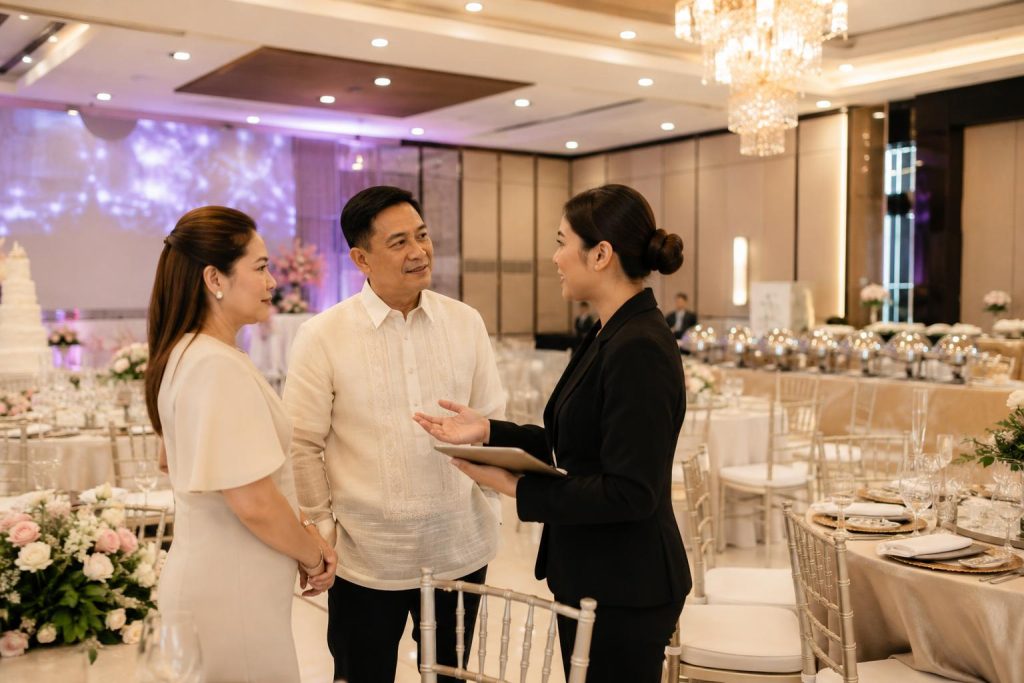 Parents speak with an event coordinator inside a formal debut venue with styled tables, buffet setup, and elegant lighting