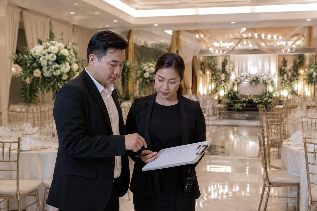 Event staff review venue layout and logistics inside a formal wedding reception space