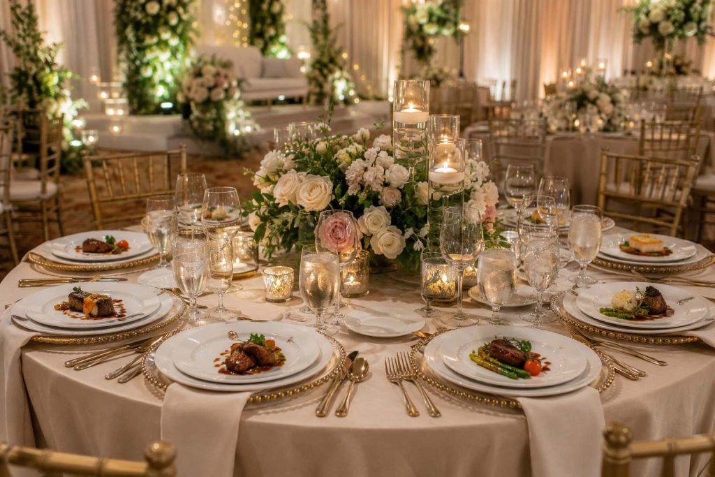 Elegant wedding reception table with plated dishes, polished glassware, candles, and floral centerpieces