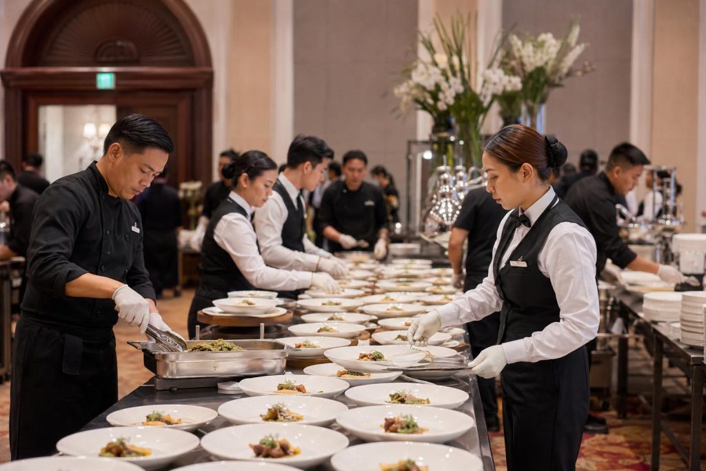 Catering team prepares multiple plated dishes for a large wedding reception with organized service stations