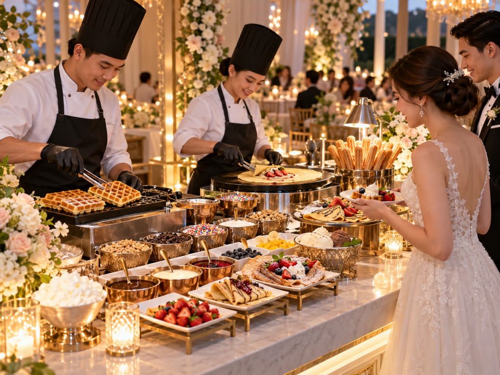 Interactive wedding dessert station with freshly prepared treats and toppings for guests