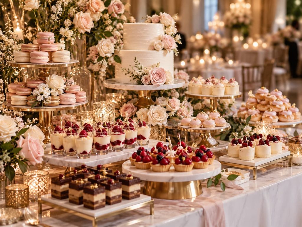 Styled wedding dessert display with bite-sized pastries, dessert shooters, and elegant décor