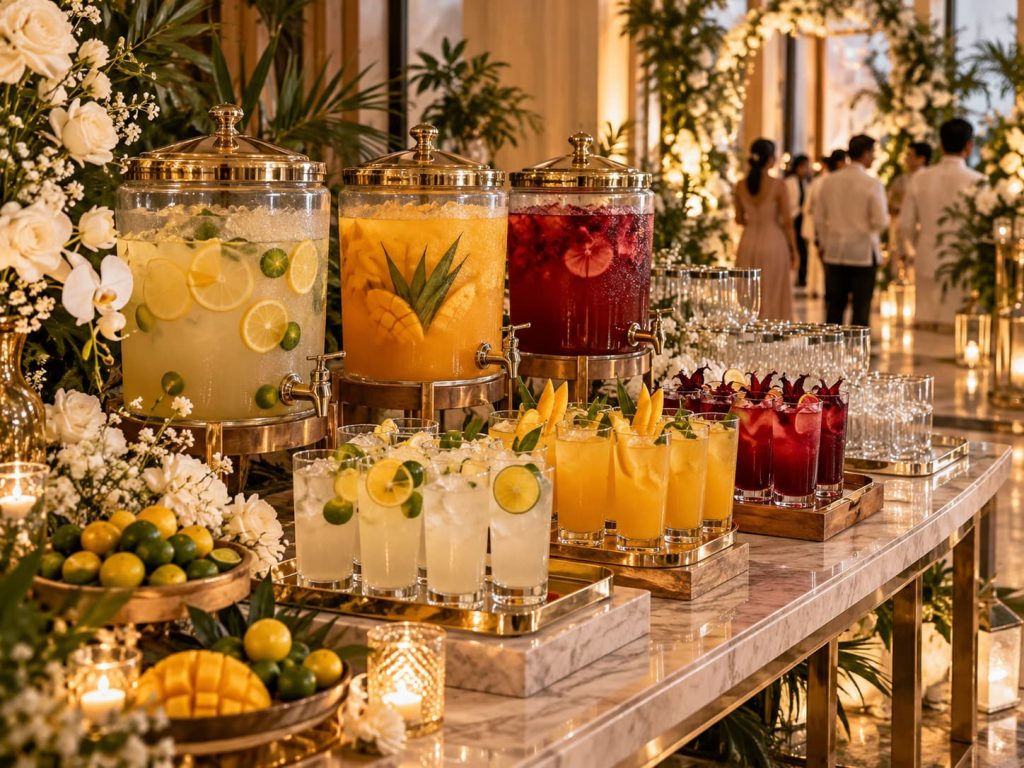 Welcome drink station with refreshing beverages for guests at a Filipino wedding reception