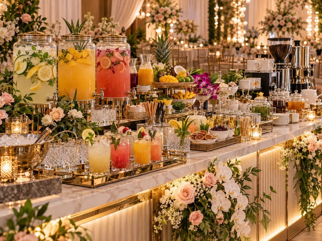 Styled wedding beverage bar with cocktails, coffee, tea, and Filipino-inspired refreshme