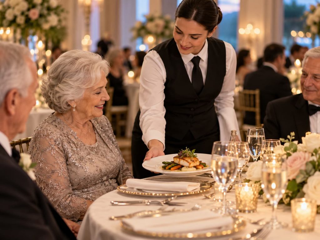 Banquet server presenting a plated wedding meal to a senior guest at the reception