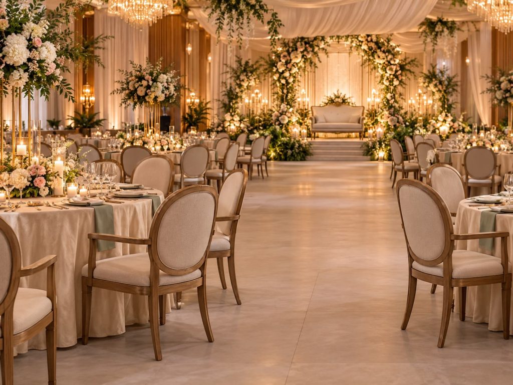 Comfortable wedding reception seating with clear aisles and accessible tables for senior guests