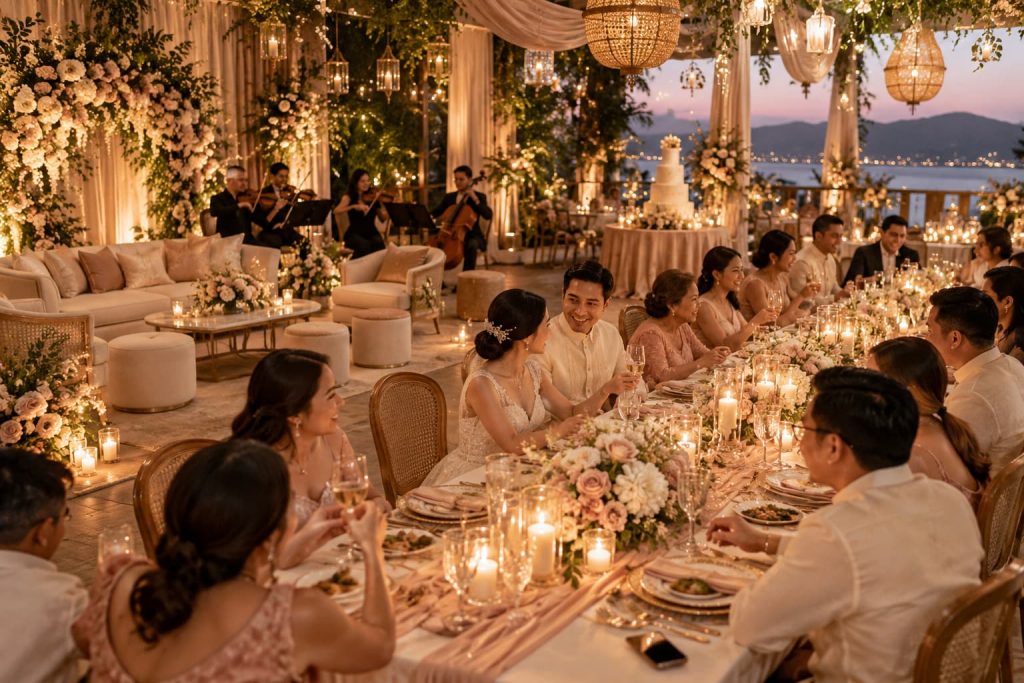 Cozy intimate wedding reception layout with long dining table and nearby lounge seating