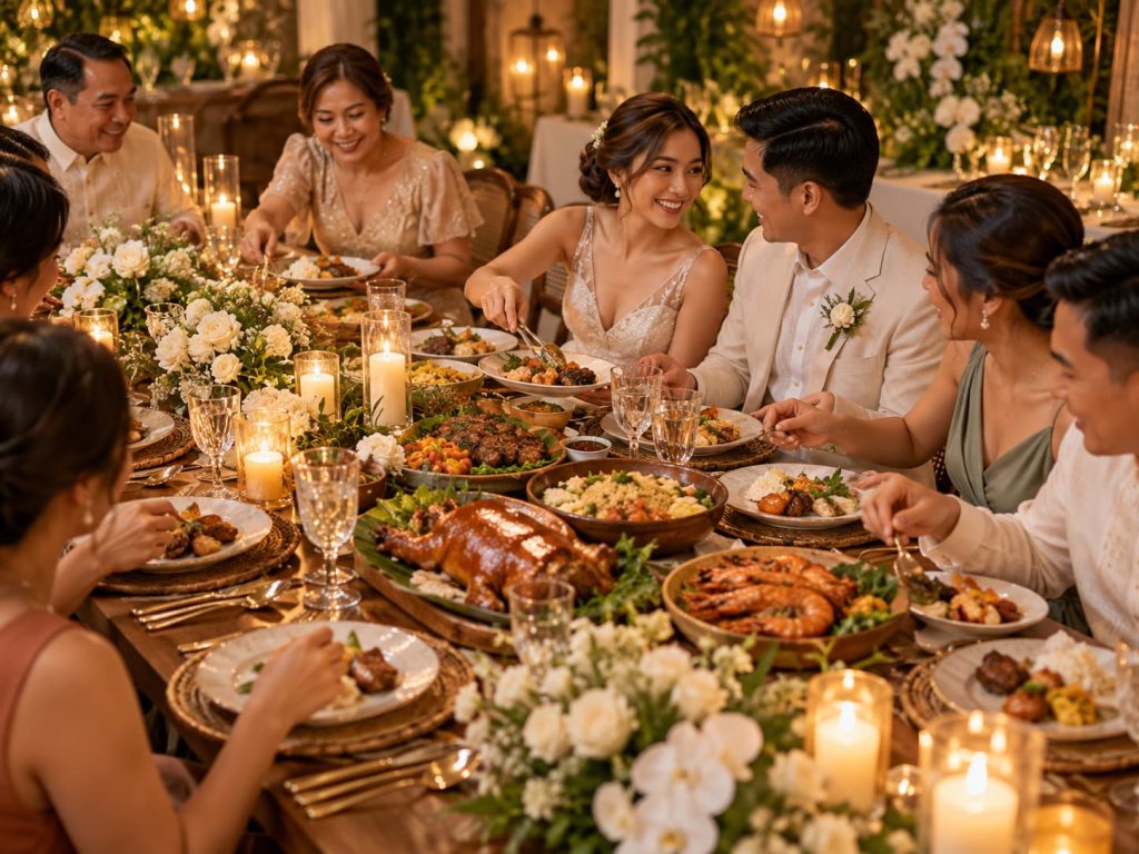 Family-style wedding dining setup with shared platters and elegant table styling